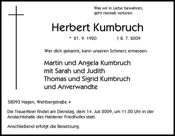 Traueranzeige von Herbert Kumbruch von Tageszeitung