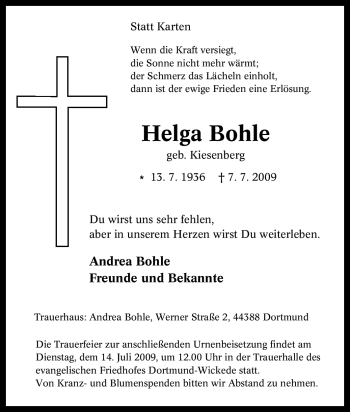 Traueranzeige von Helga Bohle von Tageszeitung