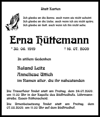 Traueranzeige von Erna Hüttemann von Tageszeitung