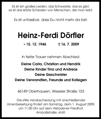 Traueranzeige von Heinz-Ferdi Dörfler von Tageszeitung