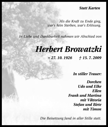 Traueranzeige von Herbert Browatzki von Tageszeitung
