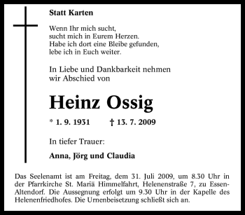 Traueranzeige von Heinz Ossig von Tageszeitung