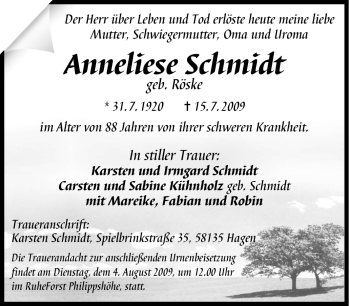 Traueranzeige von Anneliese Schmidt von Tageszeitung