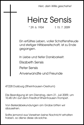 Traueranzeige von Heinz Sensis von Tageszeitung