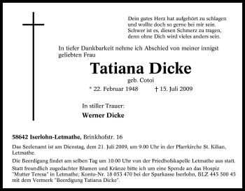 Traueranzeige von Tatiana Dicke von Tageszeitung