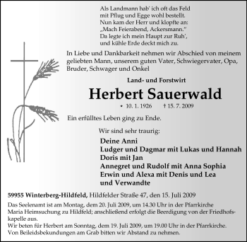 Traueranzeige von Herbert Sauerwald von Tageszeitung