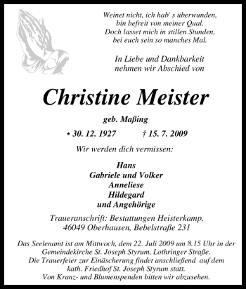 Traueranzeige von Christine Meister von Tageszeitung