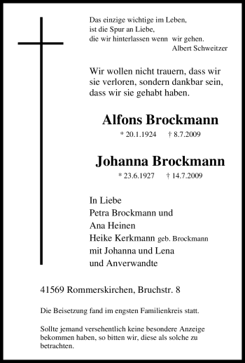 Traueranzeige von Johanna Brockmann von Tageszeitung