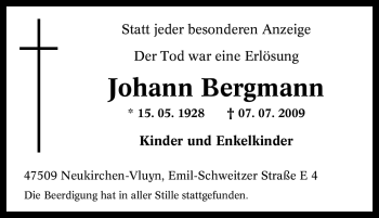 Traueranzeige von Johann Bergmann von Tageszeitung