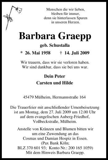 Traueranzeige von Barbara Graepp von Tageszeitung