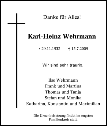 Traueranzeige von Karl-Heinz Wehrmann von Tageszeitung