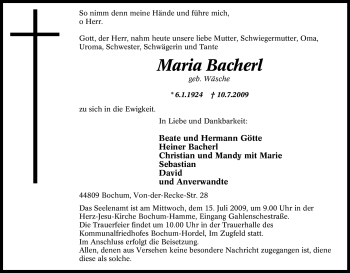 Traueranzeige von Maria Bacherl von Tageszeitung
