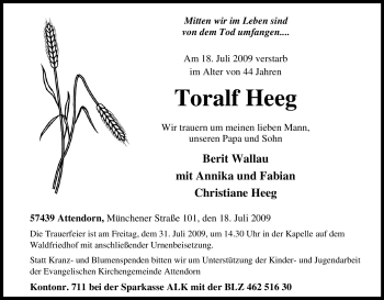 Traueranzeige von Toralf Heeg von Tageszeitung