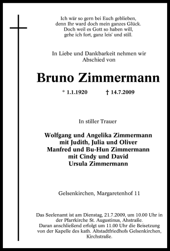 Traueranzeige von Bruno Zimmermann von Tageszeitung