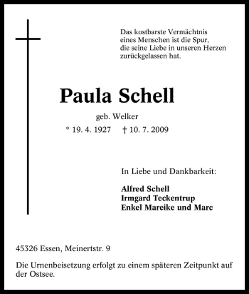 Traueranzeige von Paula Schell von Tageszeitung