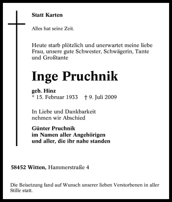Traueranzeige von Inge Pruchnik von Tageszeitung