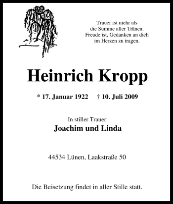 Traueranzeige von Heinrich Kropp von Tageszeitung