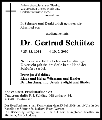 Traueranzeige von Gertrud Schütze von Tageszeitung