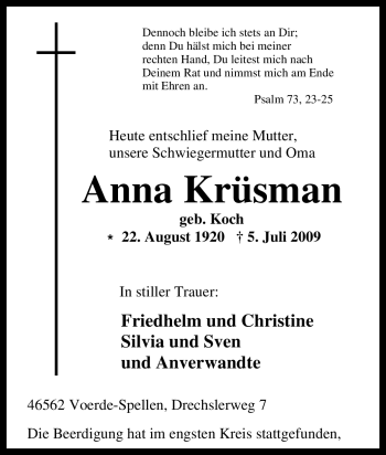 Traueranzeige von Anna Krüsman von Tageszeitung