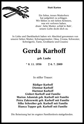 Traueranzeige von Gerda Karhoff von Tageszeitung