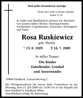 Traueranzeige von Rosa Ruskiewicz von Tageszeitung