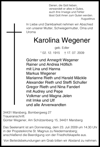 Traueranzeige von Karolina Wegener von Tageszeitung