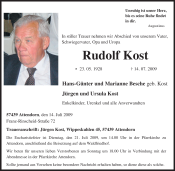 Traueranzeige von Rudolf Kost von Tageszeitung