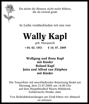 Traueranzeige von Wally Kapl von Tageszeitung