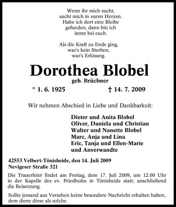 Traueranzeige von Dorothea Blobel von Tageszeitung