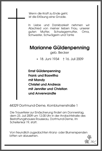 Traueranzeige von Marianne Güldenpenning von Tageszeitung