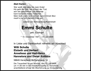 Traueranzeige von Emmi Schulte von Tageszeitung