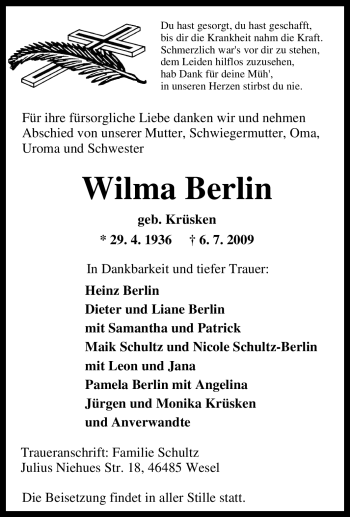 Traueranzeige von Wilma Berlin von Tageszeitung