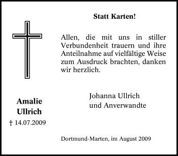 Traueranzeige von Amalie Ullrich von Tageszeitung