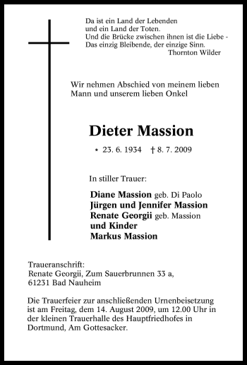 Traueranzeige von Dieter Massion von Tageszeitung