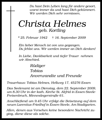 Traueranzeige von Christa Helmes von Tageszeitung