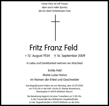 Traueranzeige von Fritz Franz Feld von Tageszeitung