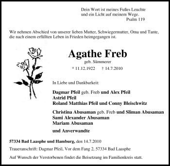 Traueranzeige von Agathe Freb von Tageszeitung
