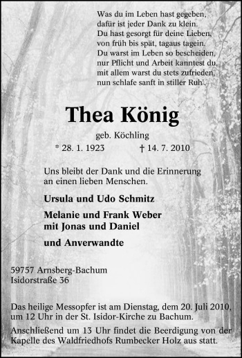 Traueranzeige von Thea König von Tageszeitung