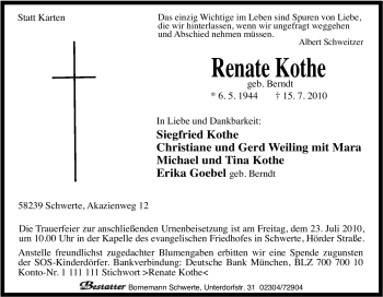 Traueranzeige von Renate Kothe von Tageszeitung