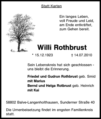 Traueranzeige von Willi Rothbrust von Tageszeitung