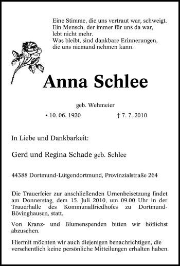 Traueranzeige von Anna Schlee von Tageszeitung