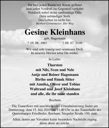 Traueranzeige von Gesine Kleinhans von Tageszeitung