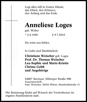 Traueranzeige von Anneliese Loges von Tageszeitung
