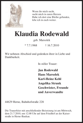 Traueranzeige von Klaudia Rodewald von Tageszeitung