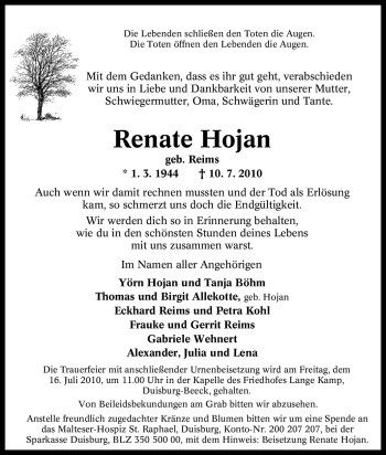 Traueranzeige von Renate Hojan von Tageszeitung
