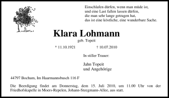 Traueranzeige von Klara Lohmann von Tageszeitung