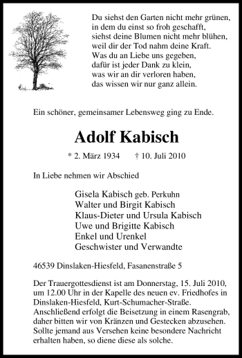 Traueranzeige von Adolf Kabisch von Tageszeitung