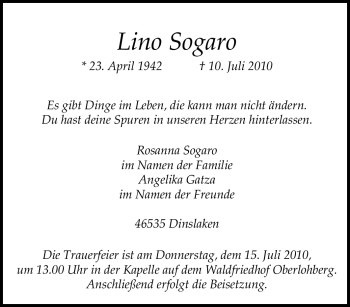Traueranzeige von Lino Sogaro von Tageszeitung