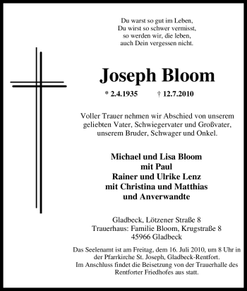 Traueranzeige von Joseph Bloom von Tageszeitung