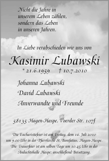 Traueranzeige von Kasimir Lubawski von Tageszeitung